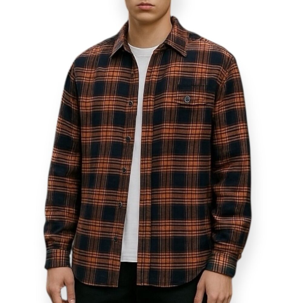 J. Crew Mercantile Men's Flannel Shirt M Plaid Navy Orange Long Sleeve Button-Up